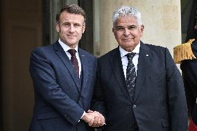 French President Emmanuel Macron welcomes President of Panama Jose Raul Mulino at the Elysee Palace FA