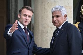 French President Emmanuel Macron welcomes President of Panama Jose Raul Mulino at the Elysee Palace FA