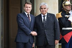 French President Emmanuel Macron welcomes President of Panama Jose Raul Mulino at the Elysee Palace FA