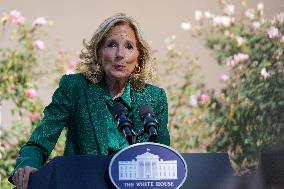 First Lady Jill Biden Speaks In The Rose Garden About An Enhanced White House Tour Experience On October 21, 2024