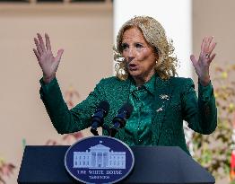 First Lady Jill Biden Speaks In The Rose Garden About An Enhanced White House Tour Experience On October 21, 2024