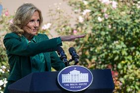 First Lady Jill Biden Speaks In The Rose Garden About An Enhanced White House Tour Experience On October 21, 2024