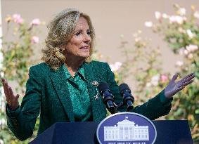 First Lady Jill Biden Speaks In The Rose Garden About An Enhanced White House Tour Experience On October 21, 2024