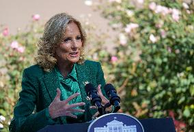 First Lady Jill Biden Speaks In The Rose Garden About An Enhanced White House Tour Experience On October 21, 2024