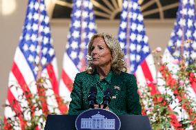 First Lady Jill Biden Speaks In The Rose Garden About An Enhanced White House Tour Experience On October 21, 2024