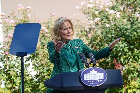 First Lady Jill Biden Speaks In The Rose Garden About An Enhanced White House Tour Experience On October 21, 2024