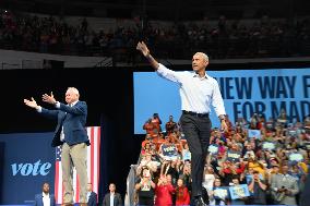 Former U.S. President Barack Obama And Minnesota Gov. Tim Walz Speak At Campaign Rally In Madison Wisconsin