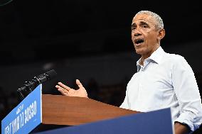 Former U.S. President Barack Obama And Minnesota Gov. Tim Walz Speak At Campaign Rally In Madison Wisconsin