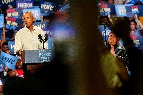 Barack Obama Holds A Presidential Campaign Rally For Kamala Harris At The Huntington Place In Detroit, MI