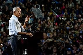 Barack Obama Holds A Presidential Campaign Rally For Kamala Harris At The Huntington Place In Detroit, MI