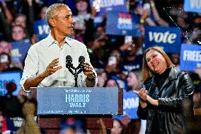 Barack Obama Holds A Presidential Campaign Rally For Kamala Harris At The Huntington Place In Detroit, MI