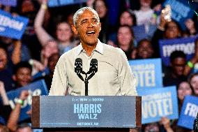 Barack Obama Holds A Presidential Campaign Rally For Kamala Harris At The Huntington Place In Detroit, MI