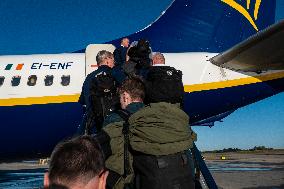 Passengers Boarding A Ryanair Aircraft Of The Low Cost Carrier