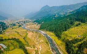 Aerial View Of Paddy Farmland In Nuwakot, Nepal