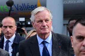 Michel Barnier And Agnes Pannier Runacher To The Givors Shopping Center After The Floods