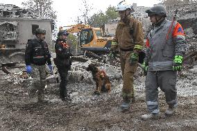 SAR dogs at work after Russian missile attack on Dnipro