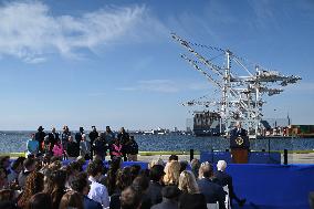 President Of The United States Joe Biden Delivers Remarks At The Port Of Baltimore In Baltimore Maryland