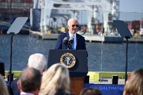 President Of The United States Joe Biden Delivers Remarks At The Port Of Baltimore In Baltimore Maryland