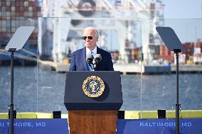 President Of The United States Joe Biden Delivers Remarks At The Port Of Baltimore In Baltimore Maryland