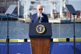 President Of The United States Joe Biden Delivers Remarks At The Port Of Baltimore In Baltimore Maryland