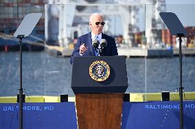 President Of The United States Joe Biden Delivers Remarks At The Port Of Baltimore In Baltimore Maryland