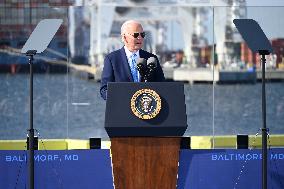 President Of The United States Joe Biden Delivers Remarks At The Port Of Baltimore In Baltimore Maryland