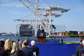 President Of The United States Joe Biden Delivers Remarks At The Port Of Baltimore In Baltimore Maryland