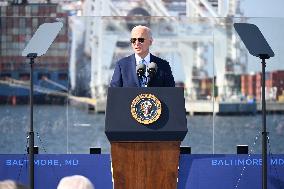 President Of The United States Joe Biden Delivers Remarks At The Port Of Baltimore In Baltimore Maryland