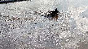 Workers Raking Salt in Guanxi Salt Farm in Lianyungang