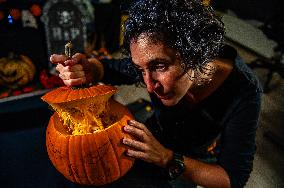 Collecting And Carving Pumpkins For Halloween Night.