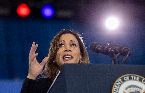 Harris Campaigns In Raleigh - North Carolina