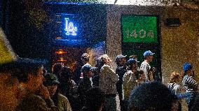 Dodgers Win The World Series Against The New York Yankees And Celebrations End With A Burning Bus And A Dispersal By The LAPD.