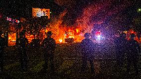 Dodgers Win The World Series Against The New York Yankees And Celebrations End With A Burning Bus And A Dispersal By The LAPD.