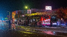 Dodgers Win The World Series Against The New York Yankees And Celebrations End With A Burning Bus And A Dispersal By The LAPD.