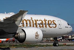 Emirates Boeing  777 on the runway after landing in Barcelona