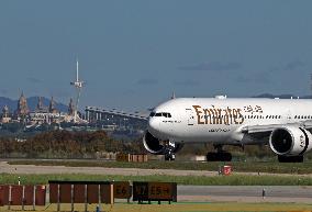 Emirates Boeing  777 on the runway after landing in Barcelona