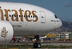 Emirates Boeing  777 on the runway after landing in Barcelona