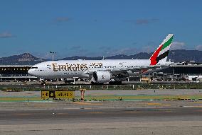 Emirates Boeing  777 on the runway after landing in Barcelona