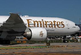 Emirates Boeing  777 on the runway after landing in Barcelona