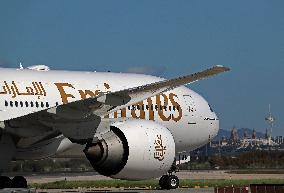 Emirates Boeing  777 on the runway after landing in Barcelona