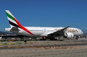 Emirates Boeing  777 on the runway after landing in Barcelona