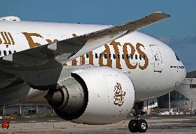 Emirates Boeing  777 on the runway after landing in Barcelona