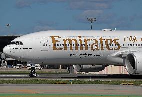 Emirates Boeing  777 on the runway after landing in Barcelona