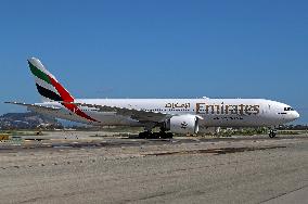 Emirates Boeing  777 on the runway after landing in Barcelona