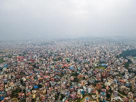 Aerial View Shows Air Pollution In Kathmandu Valley, Nepal.