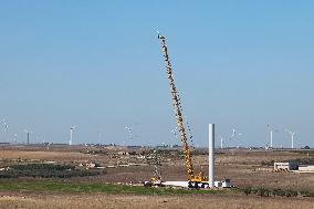 Wind Turbine Installation At Castelluccio Dei Sauri Wind Farm, Italy