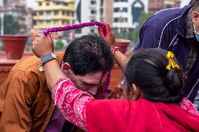 Celebrating Bhaitika Festival In Kathmandu, Nepal.