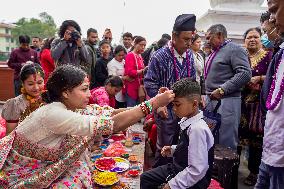 Celebrating Bhaitika Festival In Kathmandu, Nepal.