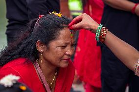 Celebrating Bhaitika Festival In Kathmandu, Nepal.