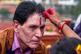 Celebrating Bhaitika Festival In Kathmandu, Nepal.